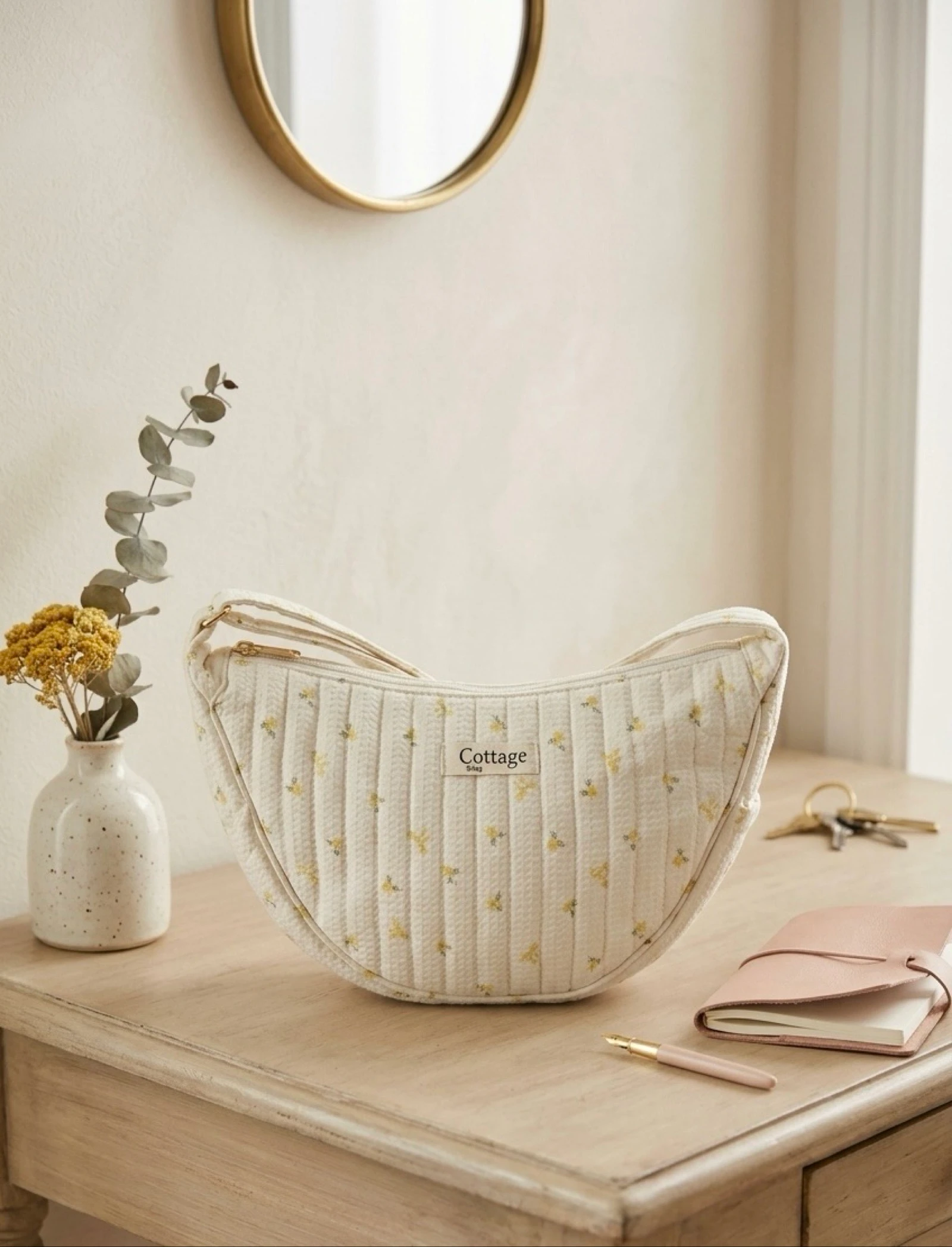Sac Lune 100% Coton Matelassé Collection Cottage & Bag / Modèle Petites Fleurs Jaune